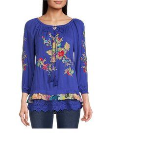 Calessa Women Tunic Blouse Crinkle Floral Embroidered Layered 3/4 Sleeve S NWT